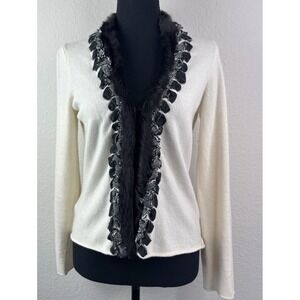 STEFANEL Women's Wool Blend Cardigan Jacket Sz M Ivory Real Rabbit Fur Trim Vtg